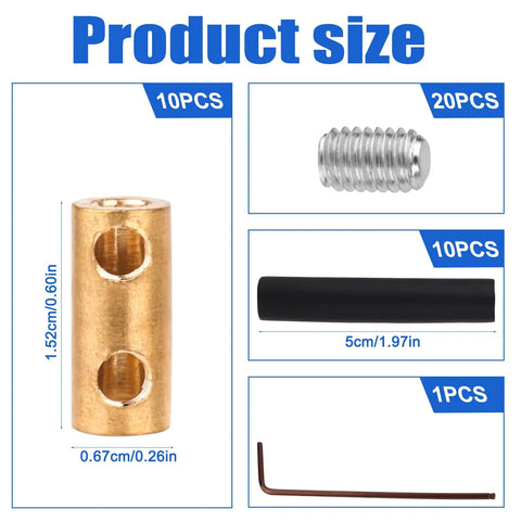 Must Have Ten Piece 10 AWG Wire Connector Nut Kit showing brass connector, screws, heat shrink tube, and wrench dimensions.