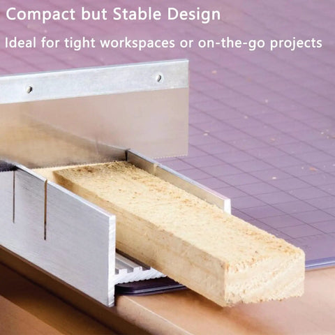 Ultra Handy 5.3 Inch Aluminum Miter Box with precise 3 angle cutting guide in use on a piece of wood