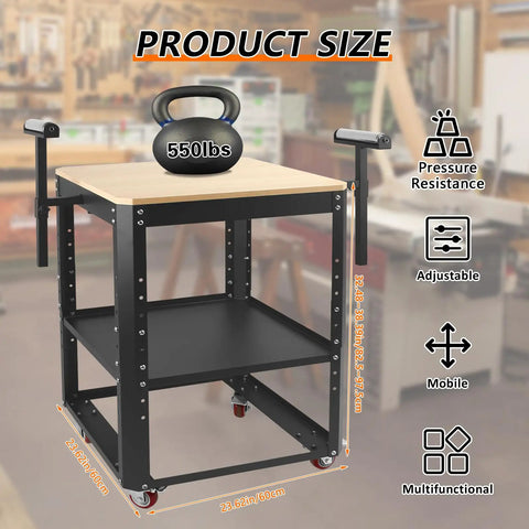 Heavy Hitter Rolling Planer Stand Holding 550 Lb Load Capacity Height Adjustable Miter Saw Table With Extension Rollers on a mobile cart.