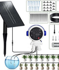 Solar Powered Drip Irrigation System For Indoor And Outdoor Gardens Auto Watering For 15 Potted Plants No Fuss Dual Power USB Or 3W Solar Panel 50 Ft Tubing 2500mAh Battery Lasts 5 To 10 Days Vacation Ready Plant Waterer components and setup illustration.