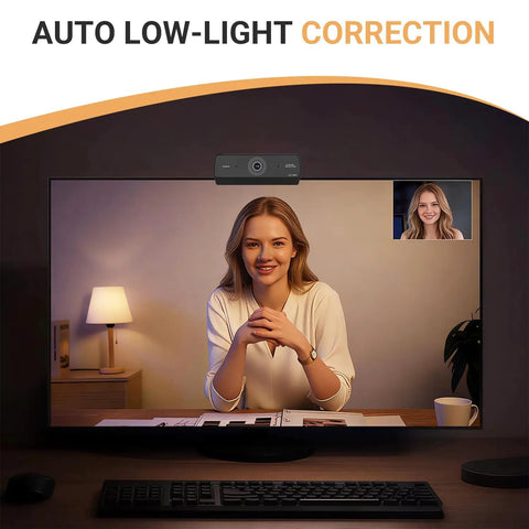 Ultra Crisp 1080P HD Webcam For Pc showing a woman on video call with low-light correction, laptop setup, sleek design.
