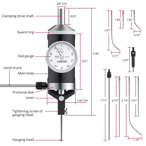 Front view of XUNTOP coaxial centering indicator with dial gauge and six feeler probes