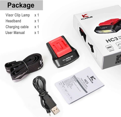 Package contents of Rechargeable Motion Sensor Cap Visor Light With 100 Lumen COB LED Clip On Hat Light including light, headband, cable, manual