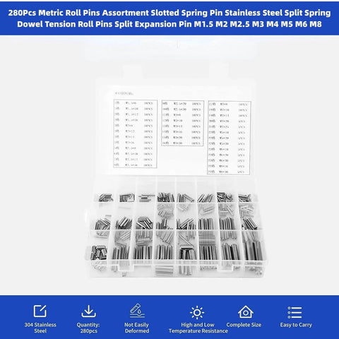 Heavy Duty 280Pcs Stainless Steel Roll Pin Set With Slotted Pins Assortment Kit M1.5 To M8 In Durable Plastic Box