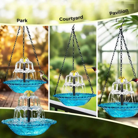 Solar Powered Hanging Bird Bath Fountain For Outdoor Gardens And Patios, Eco Friendly Water Cascade with birds