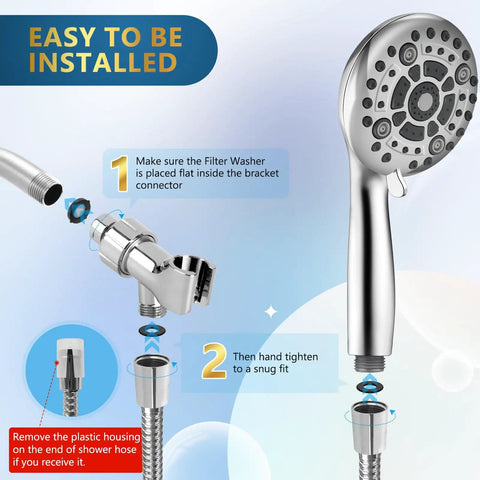 Installation guide for Six Mode High Pressure Handheld Shower Head Set With 60 Inch Stainless Steel Hose, showing assembly steps.
