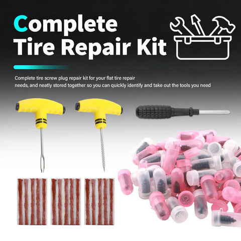 Beefed Up All In One Flat Tire Repair Kit With 60 Screws, 15 Tire Plugs, Seal Strips, Screwdriver And Drill, Dual Repair Methods