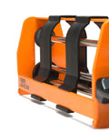 Close-up of Pro Grade Dual Component Cartridge Gun frame, orange and black, for 400 ml cartridges with high thrust, epoxy and foam use.