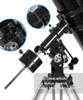 Close-up of 150mm Aperture Reflector Telescope With Manual German Equatorial Mount 750mm Focal Length Includes 5 Color Filters And 3x Barlow Lens Beginner Friendly For Adults Black, showing equatorial mount details.