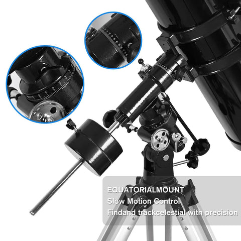Close-up of 150mm Aperture Reflector Telescope With Manual German Equatorial Mount 750mm Focal Length Includes 5 Color Filters And 3x Barlow Lens Beginner Friendly For Adults Black, showing equatorial mount details.