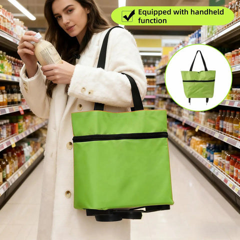 Woman using 2-In-1 Foldable Shopping Cart With Wheels, Waterproof Oxford Fabric Tote Hand Truck in supermarket