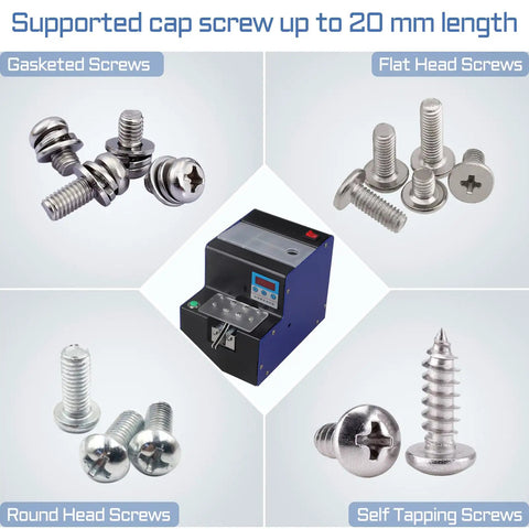 Automatic Screw Feeder Machine With Digital Display Counts M1.0 To M5.0 Fasteners Quick And Easy While Running Smooth As Butter For No Sweat Factory Floor Assembly Jobs with various screw types.