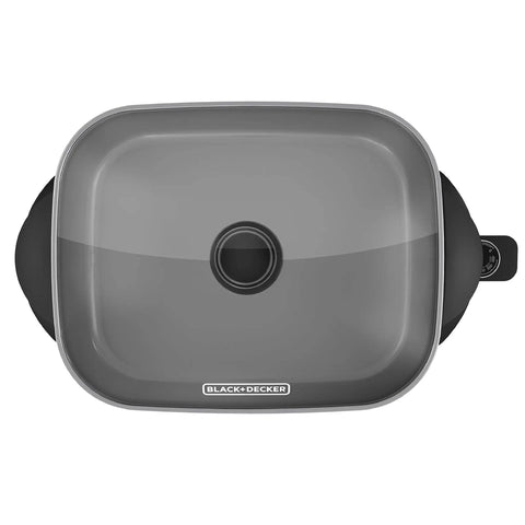Top view of Electric Skillet With Variable Temperature Control And Nonstick Cooking Surface, tempered glass lid on 12x15 inch pan