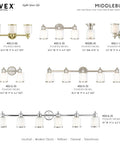 Diagram of various Middlebush Collection lighting fixtures including transitional two light bath vanity light in polished nickel finish.