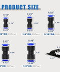 Push-to-connect pneumatic fittings set with five OD sizes (5/32, 1/4, 5/16, 3/8, 1/2 in) and a tube cutter; 20pcs each.