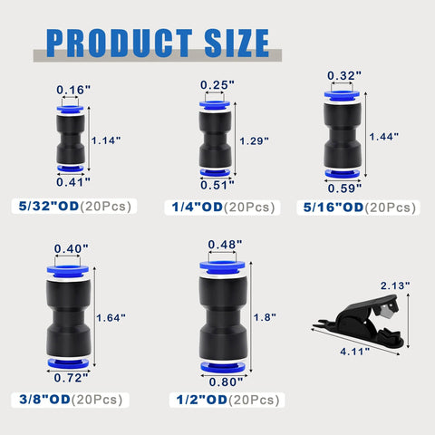 Push-to-connect pneumatic fittings set with five OD sizes (5/32, 1/4, 5/16, 3/8, 1/2 in) and a tube cutter; 20pcs each.