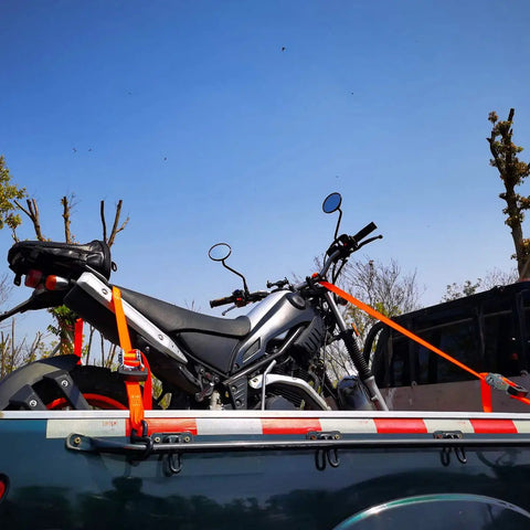 Heavy Duty Ratchet Tie Down Straps With Hooks 1 Inch Wide 10 Feet Long Pack Of 6 securing a motorcycle on a truck bed