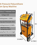 Industrial Grade High Pressure Polyurethane Foam Spray Machine With No Sweat Dual Pressure Gauges And Rapid 6.5KW Heating System For Wall Roof Insulation And Cold Storage Tank Foaming 110V with specifications and dimensions.