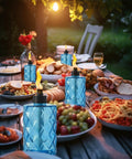 4 Pack Glass Table Top Torches With Wick And Cap, Multicolor Citronella Lanterns, blue lantern on outdoor dining table
