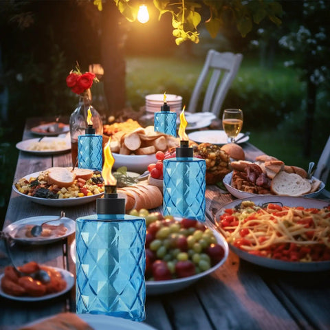 4 Pack Glass Table Top Torches With Wick And Cap, Multicolor Citronella Lanterns, blue lantern on outdoor dining table