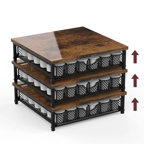 K Cups Drawer Organizer For Coffee Pods 36 Capacity Storage Drawer With Baskets featuring wood and mesh design with arrows indicating drawers.