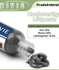 Low-Temp Lead-Free Solder Paste For Precision Soldering With Tin-Bismuth Alloy shown with gray paste flowing from the tube