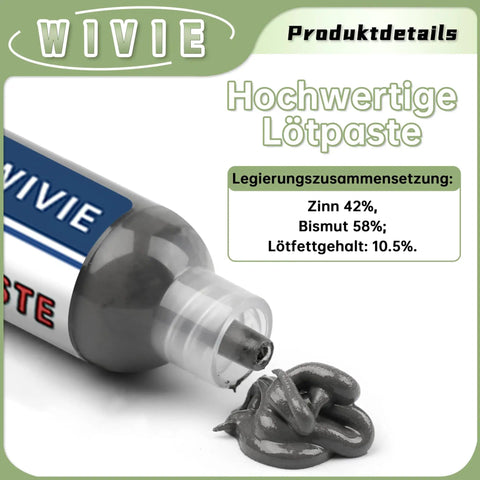 Low-Temp Lead-Free Solder Paste For Precision Soldering With Tin-Bismuth Alloy shown with gray paste flowing from the tube