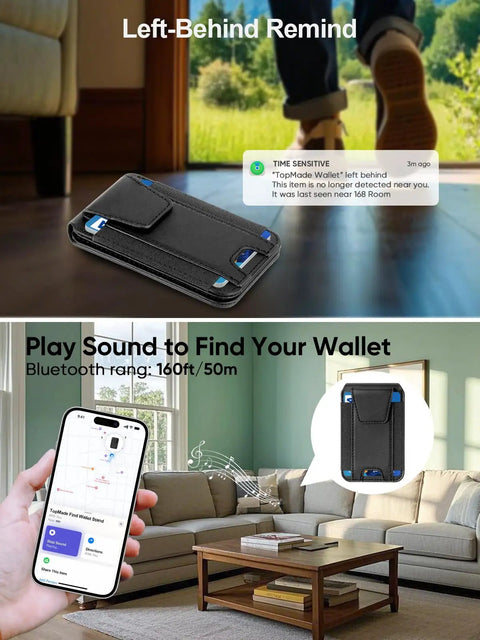 Must Have MagSafe Wallet For iPhone With Find My, RFID Blocking and 9 Card Slots shown on a table and app interface with location map