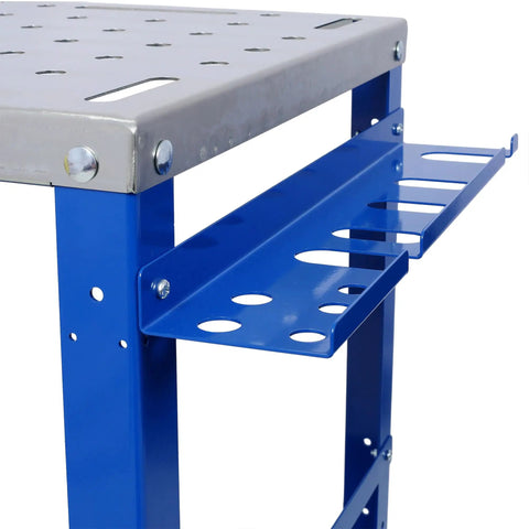 Detailed view of Heavy Duty Steel Welding Table And Rolling Workbench 36 X 18 Inch, showing precision fixture holes and tool slots.
