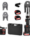 Heavy Duty 60K N Electric Pipe Crimping Tool With Upgraded Brushless Motor, two jaws, batteries, charger and case.