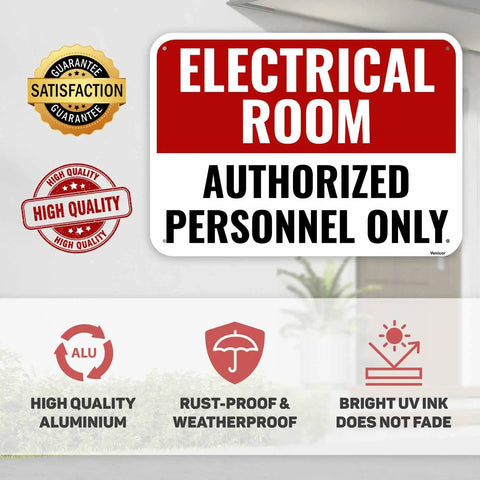 Heavy Gauge Electrical Room Sign Aluminum Authorized Personnel Only Safety Door Plaque 14x10 Inches on a wall.