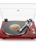 Cool Red Belt Drive Turntable For Vinyl Records With Bluetooth Output Connection Compatible With Active Speakers and Wireless Headphones, with clear lid and vinyl playing.