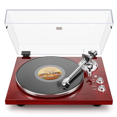 Cool Red Belt Drive Turntable For Vinyl Records With Bluetooth Output Connection Compatible With Active Speakers and Wireless Headphones, with clear lid and vinyl playing.
