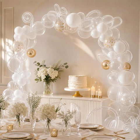 Premium 110 Pcs Balloon Arch Clips Kit With Super Strong Spring Clamps For Weddings Parties Festivals And Banquet Scene Decorations That Look Lit And Durable, clear balloon arch with white and gold balloons