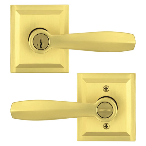 Torrey Pines Entry Door Handle Reversible Lever With Keyed Lock And SmartKey Rekey Technology, Satin Brass Finish, front view