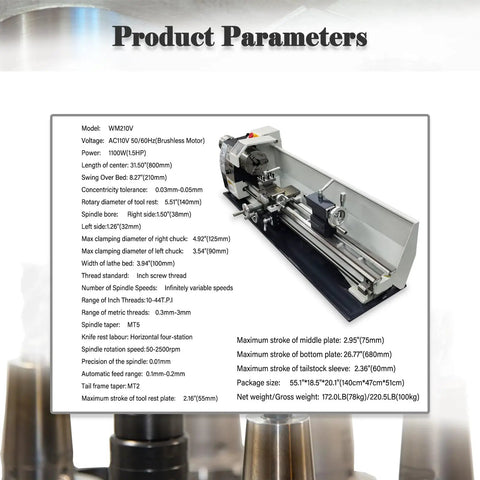 Lgxenzhuo 1100W Double Head Mini Metal Lathe With MT5 Spindle Taper And 8x32 Inch Bench showing product parameters and specifications