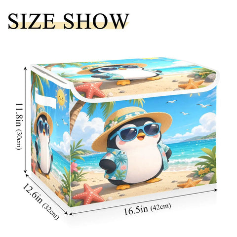 Heavy Duty Foldable Storage Bin With Secure Lid And Easy Grab Handles For Bedroom Closet Organizers, Collapsible Toy Box 16.5x12.6x11.8 in with penguin design.