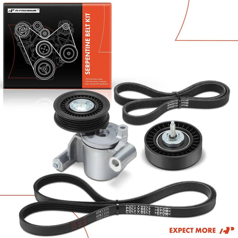 Serpentine Belt Drive Kit For Ford Escape Focus And Transit Connect 2013 2018 2.0L 2.3L 2.5L With Tensioner And Idler Pulleys Plus Replacement Belts DIY Ready To Install Two Belts Included package content