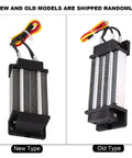 Front and side views of a 12V PTC ceramic air heater element, 200W, with black end caps and red/yellow/black wires.