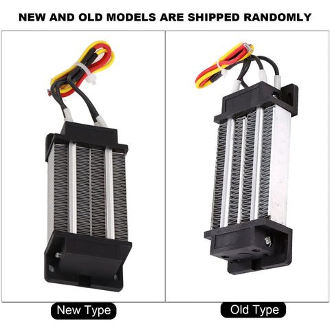 Front and side views of a 12V PTC ceramic air heater element, 200W, with black end caps and red/yellow/black wires.