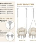 Hanging Hammock Chair Macrame Swing Chair installation guide with tools for wood or concrete ceiling, showing swing and pivot styles.