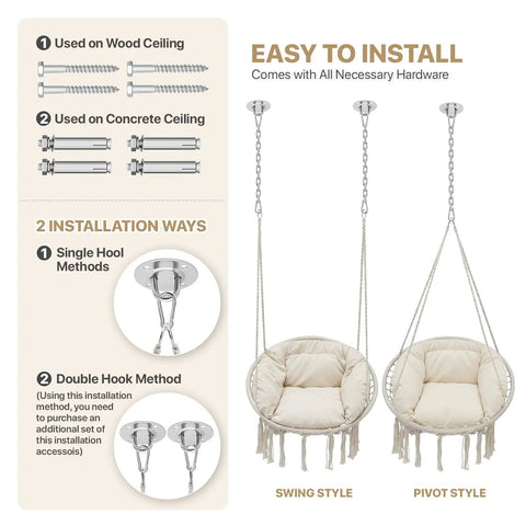 Hanging Hammock Chair Macrame Swing Chair installation guide with tools for wood or concrete ceiling, showing swing and pivot styles.