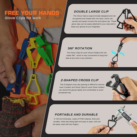 Person holding yellow glove clips showcasing 360° rotation and interlocking teeth of Yellow Glove Clips For Work Glove Holders 6 Pack Pro-Grade POM Z-Shaped Anti-Drop Lock Interlocking Teeth Grip Sweat And Chemical Resistant Built For Welding And Tough Jobs On Bumpy Worksites