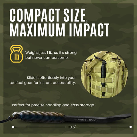 Tactical Beefy 10.5 Inch Pry Bar EDC Rescue Breaching Tool With Steel And Comfort Grip, compact size shown with backpack attachment.