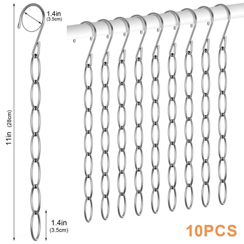 Seven Loop Metal Closet Hanger Chain 10 Pack Space Saving Hangers Holds Seven Garments In One Compact Vertical Design Dorm Room Essentials For Home Office Travel Cruise Ship Storage displayed in 10 pieces hanging on a rod.