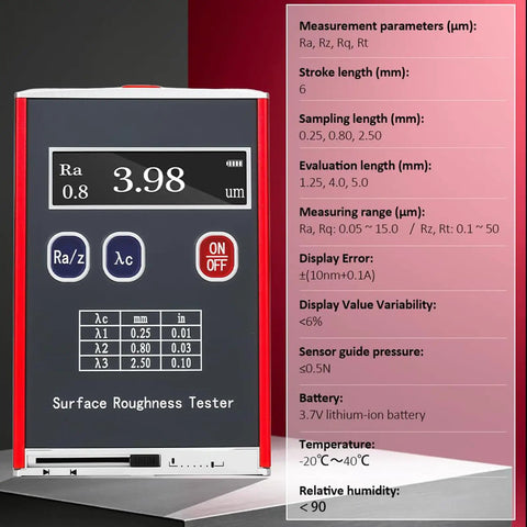Portable Surface Roughness Tester With 0.01 μm Accuracy, Compact Profilometer For Ra/Rq 0.05 To 15.0 μm And Rz/Rt 0.1 To 50.0 μm, Rechargeable With Standard Calibration Block, On-The-Go Precision Gauge For Metals, Plastics, Ceramics, shown front view