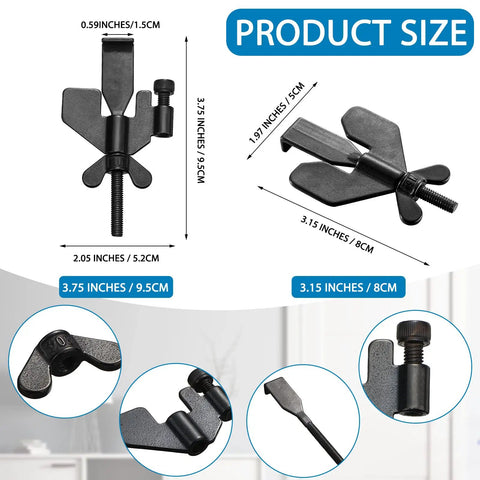 Heavy Duty 3 in 1 Travel Door Lock Kit dimensions and close-up details, black 304 stainless steel, various angles