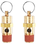 Brass air compressor safety valves, front view, 2-pack with 1/4 in NPT male threads and red ends
