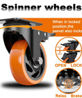Front view of orange 4-inch polyurethane locking caster wheel; dual brakes, set of 4 for carts and workbenches