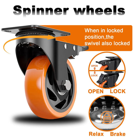 Front view of orange 4-inch polyurethane locking caster wheel; dual brakes, set of 4 for carts and workbenches